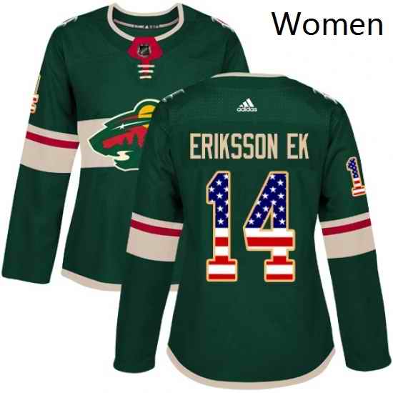 Womens Adidas Minnesota Wild 14 Joel Eriksson Ek Authentic Green USA Flag Fashion NHL Jersey